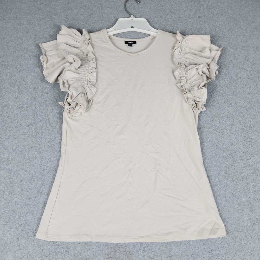 Express Blouse Top Womens Medium Beige Cotton Stretch Ruffle Sleeve Crew Neck